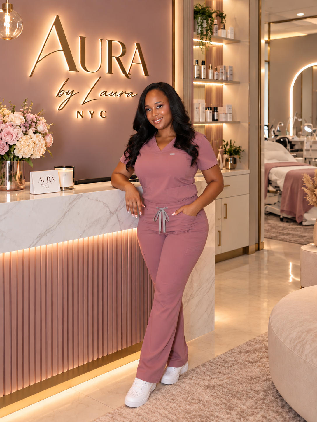 Founder and lead clinician of Aura by Laura NYC in blush pink scrubs
