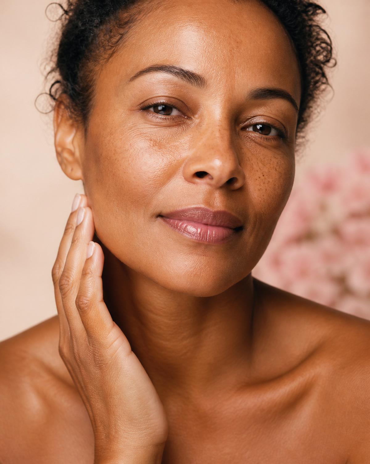 Mature melanin-rich skin with natural freckles representing skin rejuvenation at Aura by Laura NYC