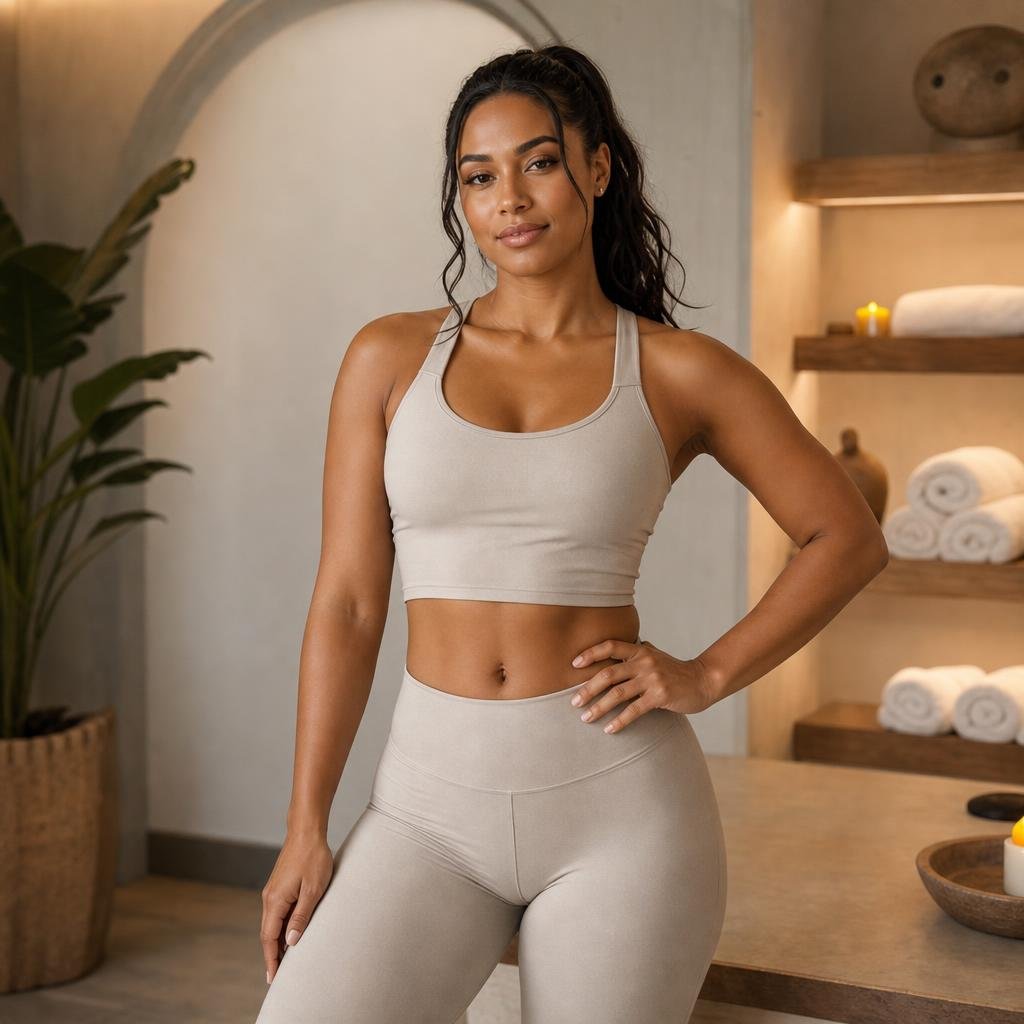 Confident medium-brown skin tone woman considering body contouring scar camouflage at Aura by Laura NYC
